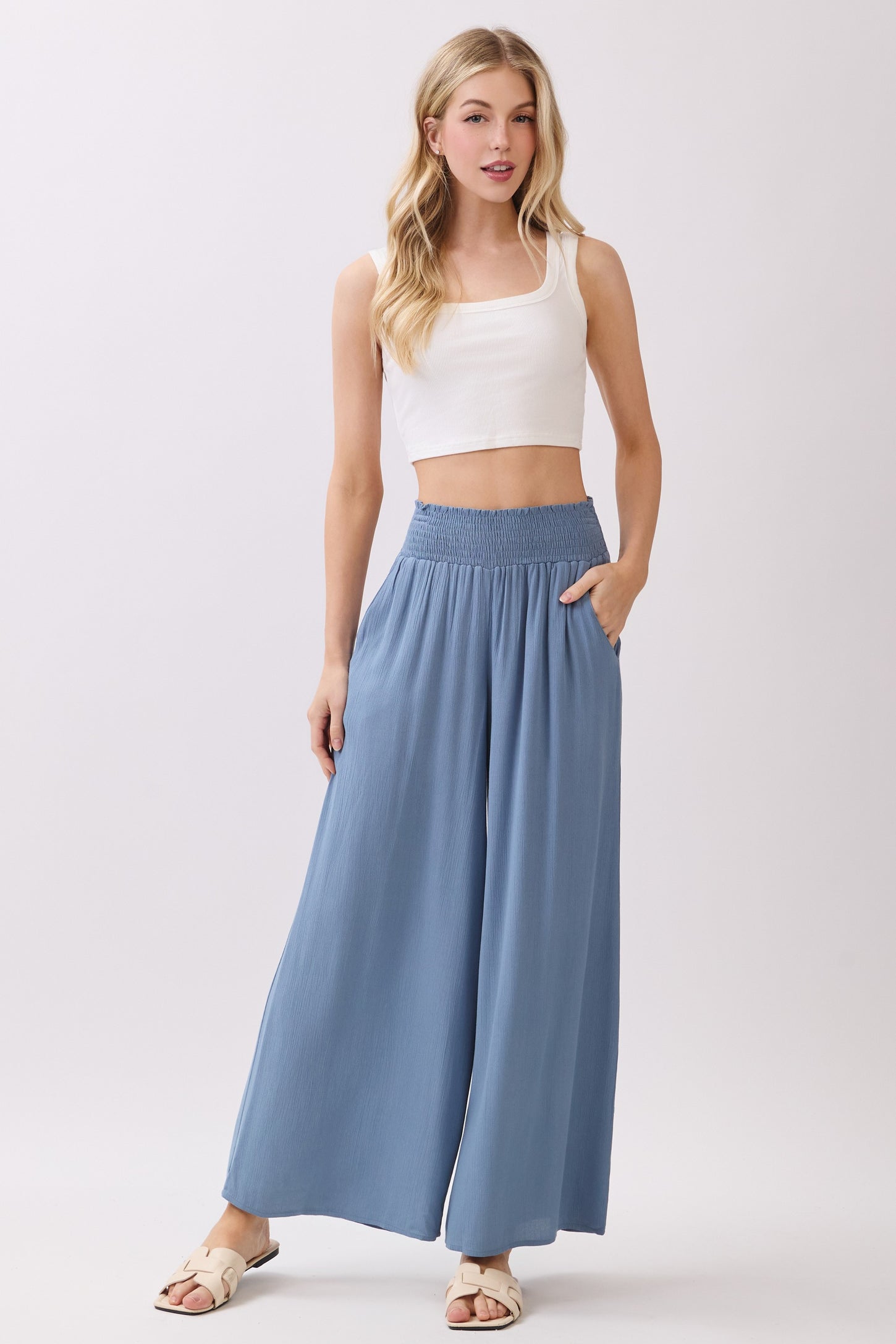 Light Blue Smocked Waist Ankle Wide Leg Maternity Pants