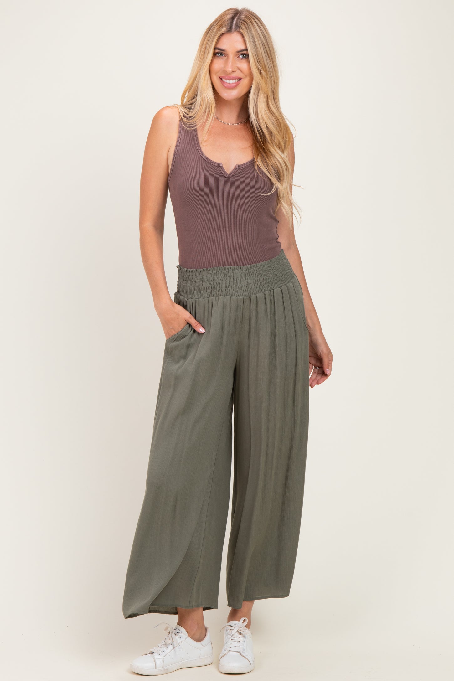 Olive Smocked Waist Ankle Wide Leg Maternity Pants