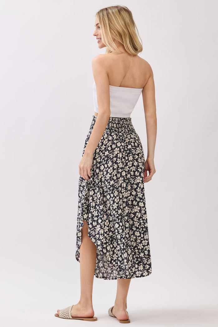 Black Floral Tulip Hem Midi Skirt