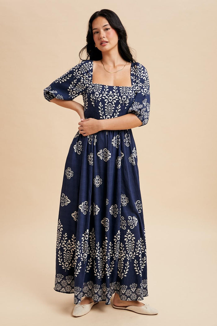 Navy Damask Print Short Sleeve Maxi Dress