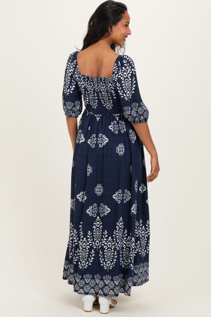 Navy Damask Print Short Sleeve Maternity Maxi Dress