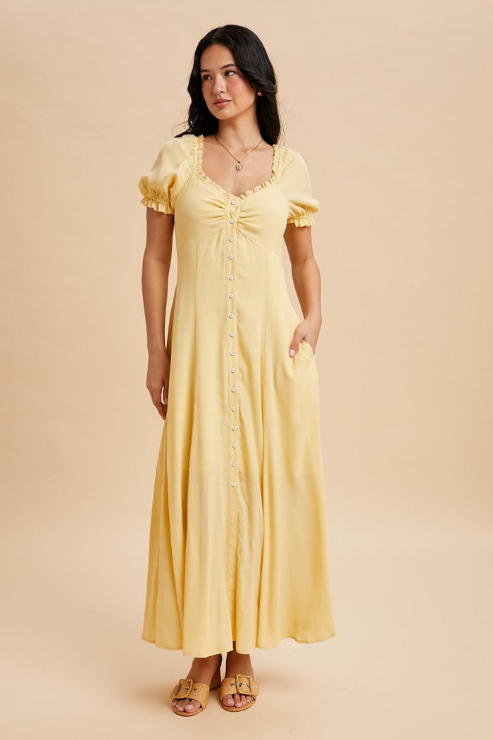 Lemon Button Down Ruffle Trim Maternity Maxi Dress