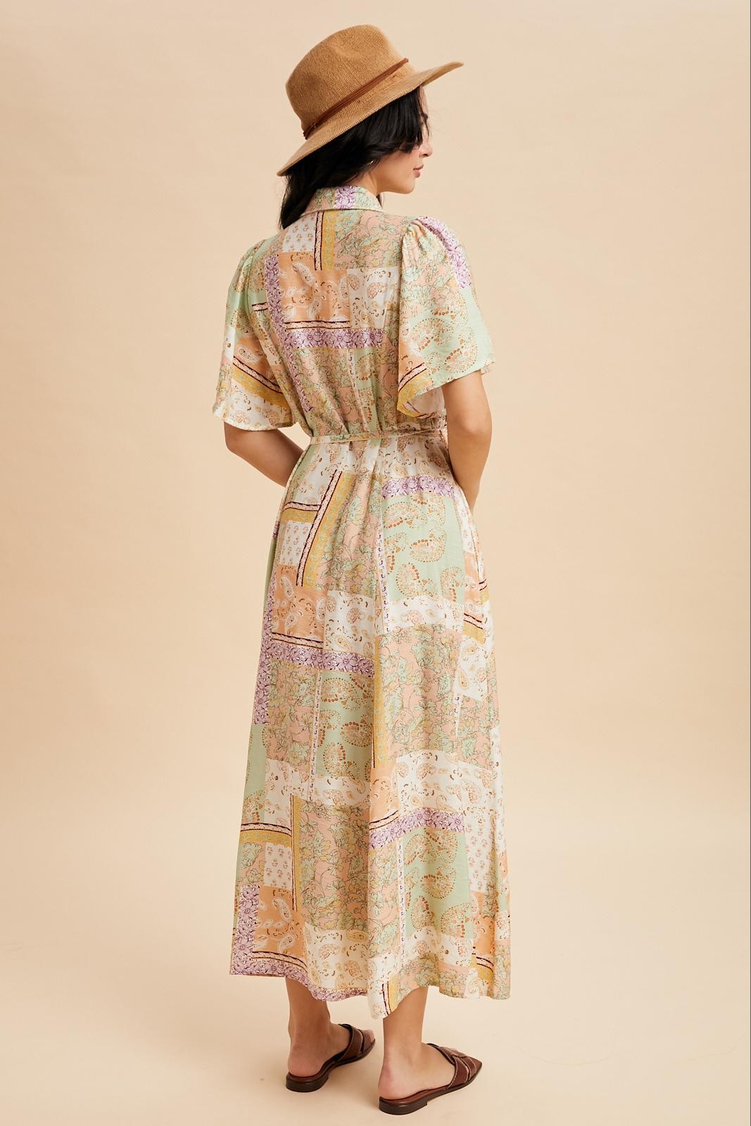 Multicolor Patchwork Print Button Down Maxi Dress