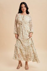 Cream Floral Chiffon Ruffle Detail Maxi Dress