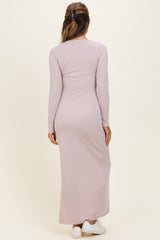 Oatmeal Ribbed Long Sleeve Side Slit Maxi Dress