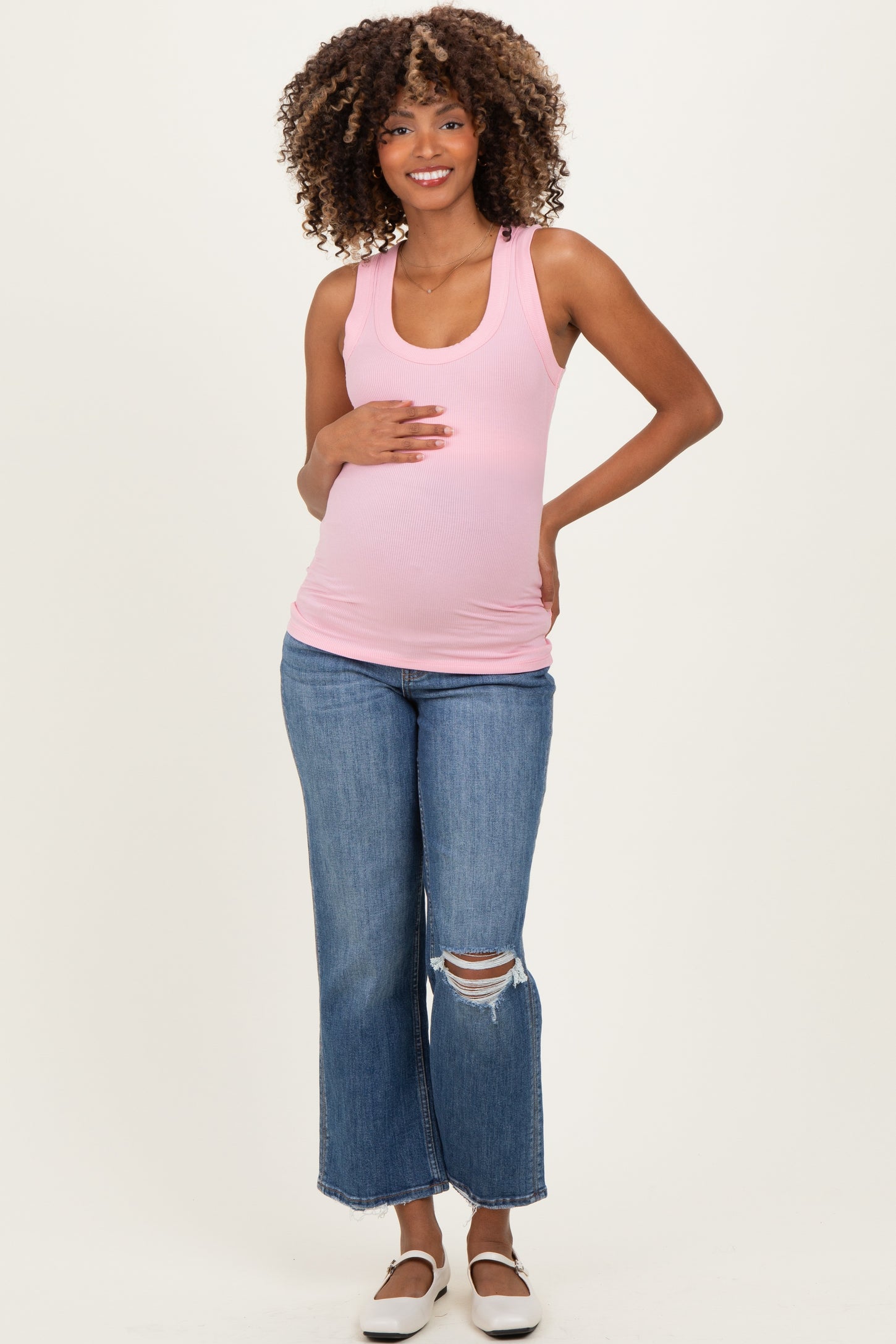 Pink Ribbed Scoop Neck Maternity Tank Top