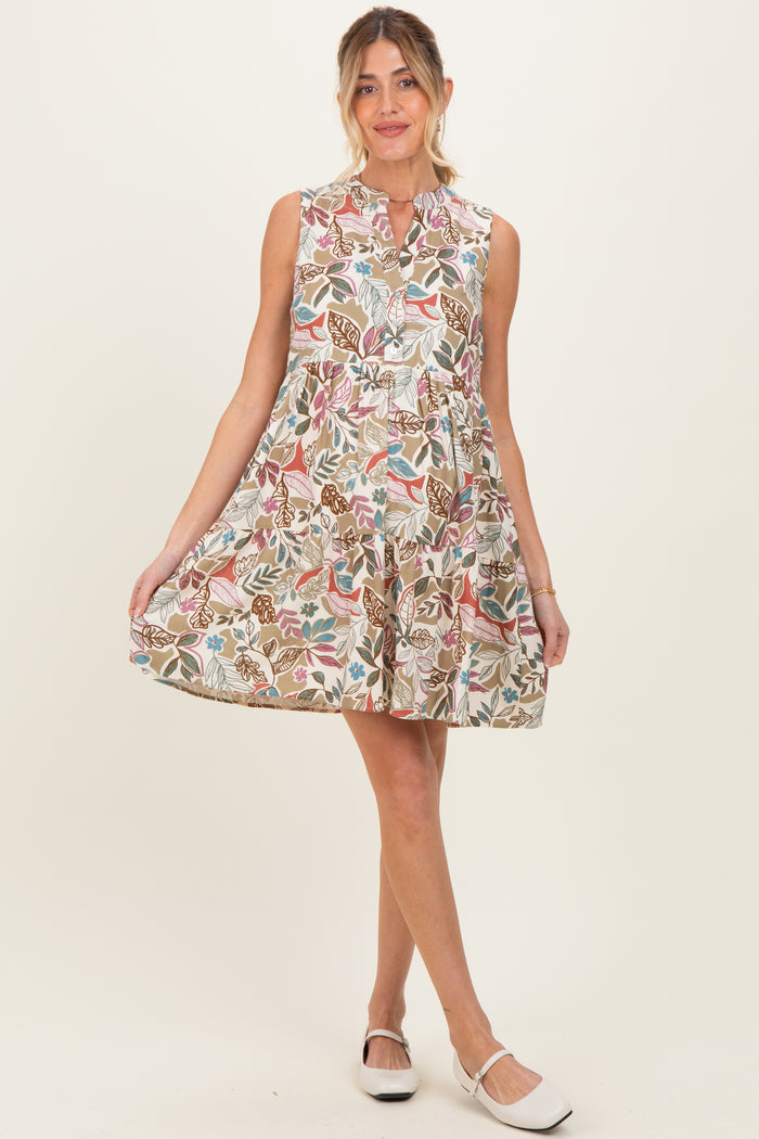 Multicolor Leaf Print Sleeveless Tiered Maternity Dress