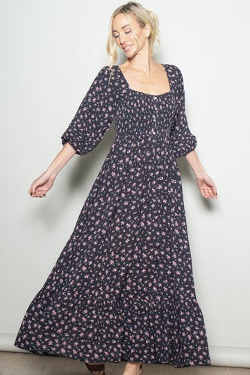 Navy Floral Smocked Button Accent Maxi Dress