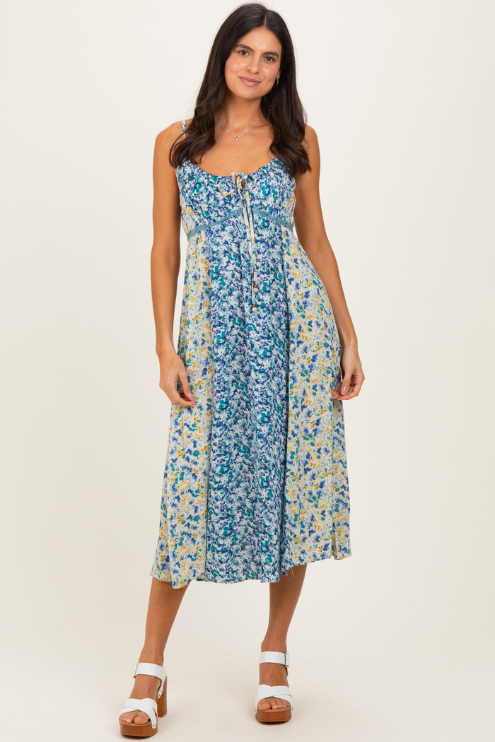 Blue Colorblock Floral Tie Front Maternity Midi Dress