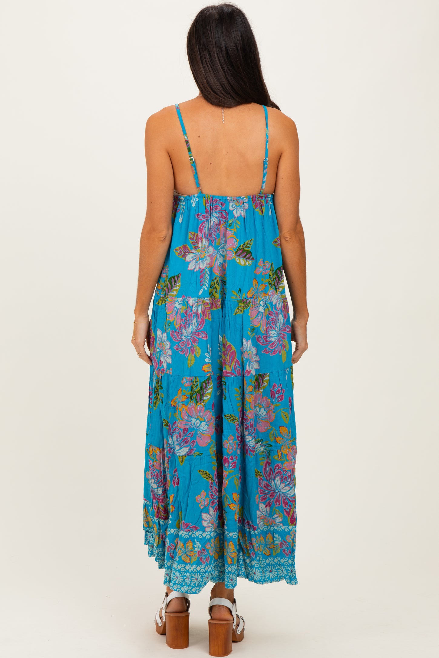 Turquoise Floral Deep V-Neck Tiered Maxi Dress