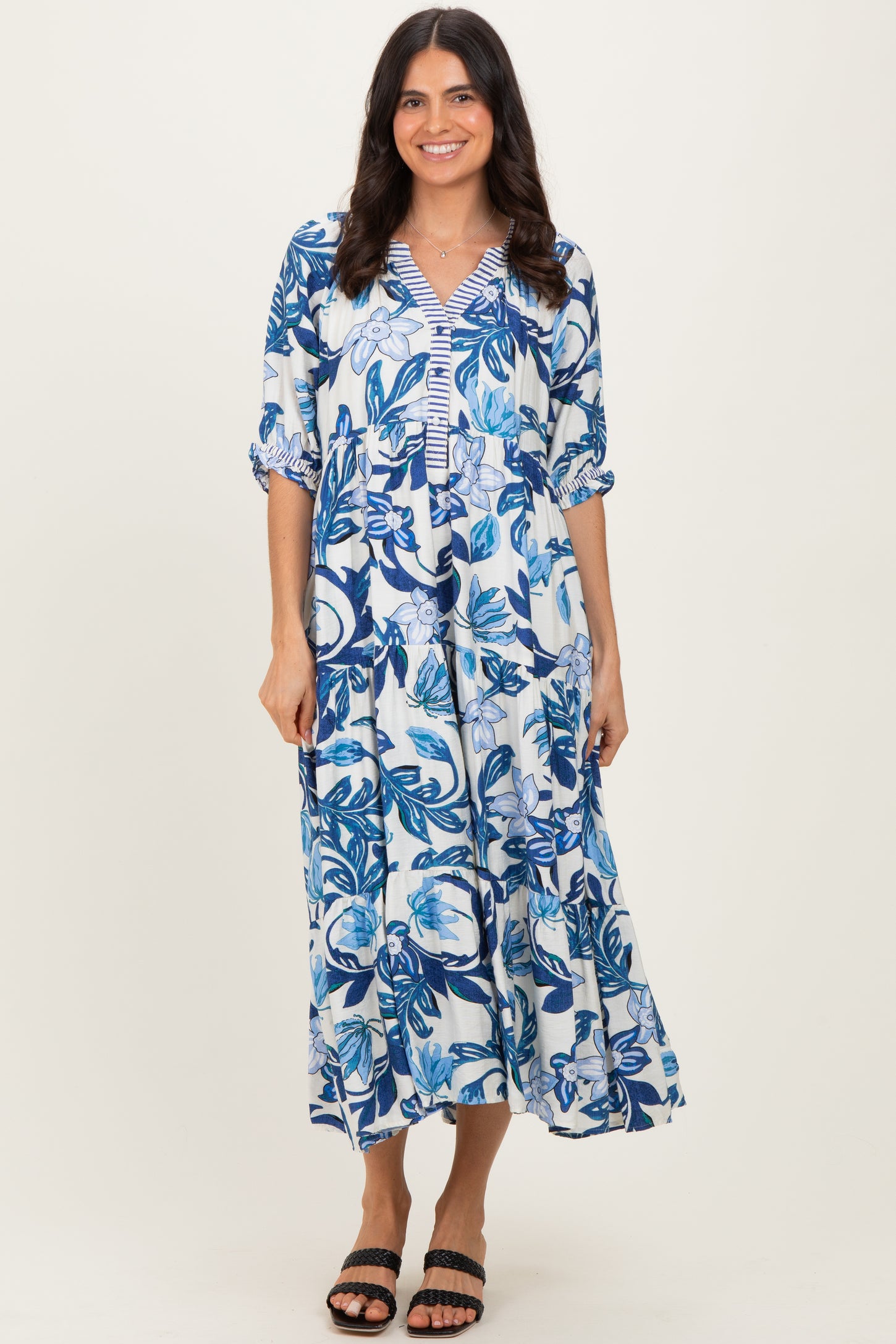 Navy Tropical Floral Tiered Midi Dress
