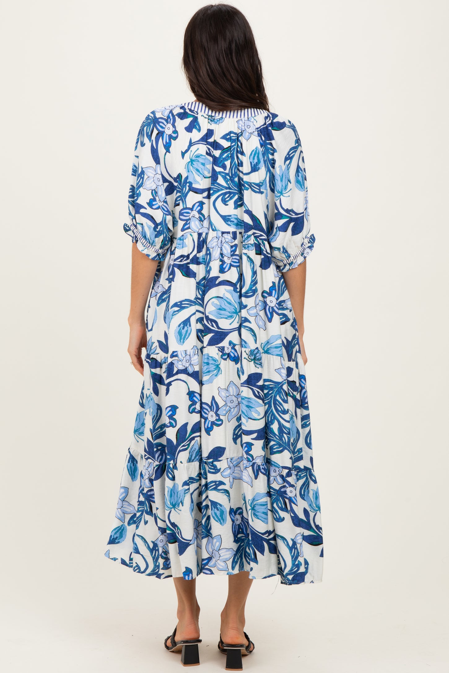 Navy Tropical Floral Tiered Midi Dress