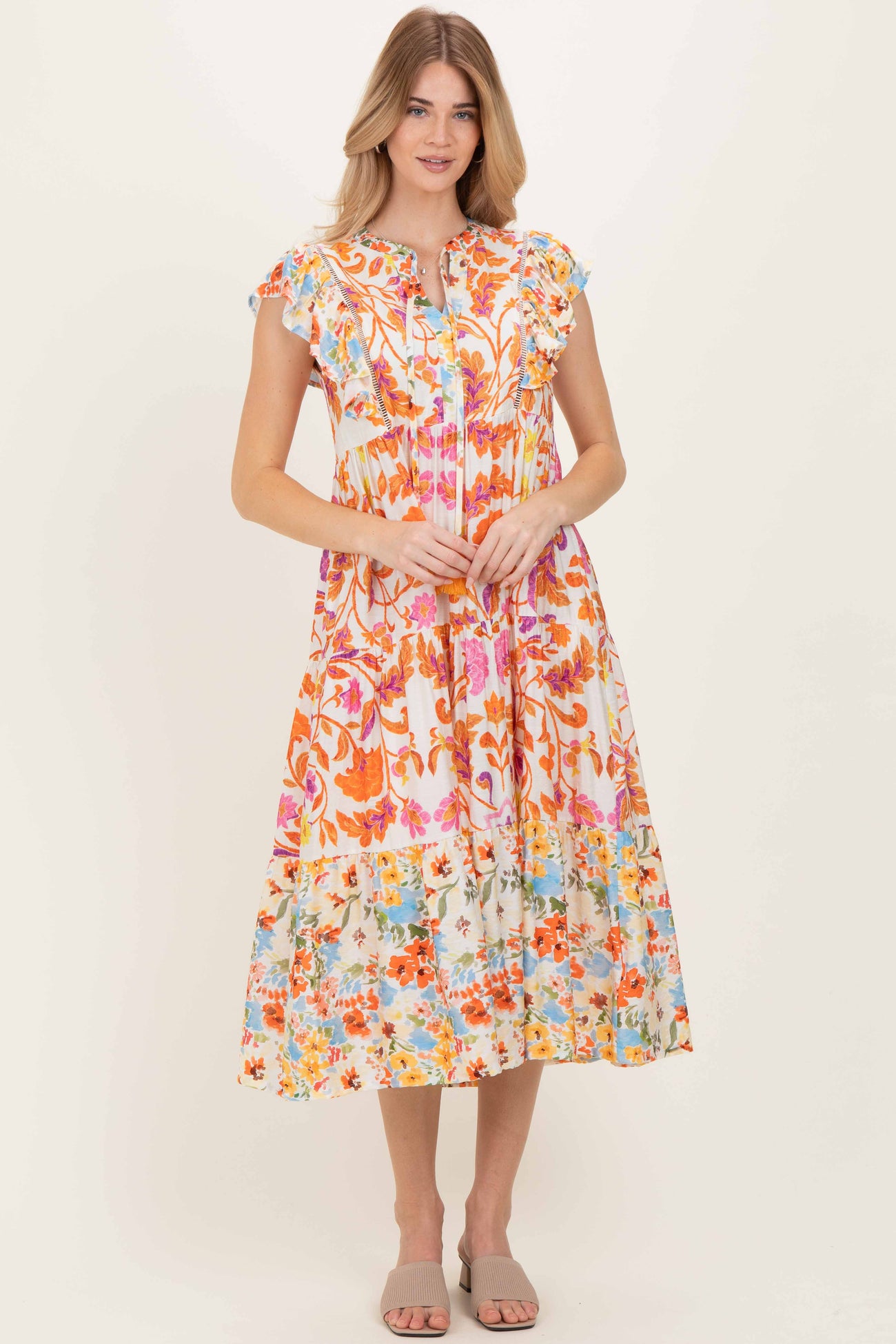 Orange Colorblock Floral Tassel Front Tie Maternity Dress