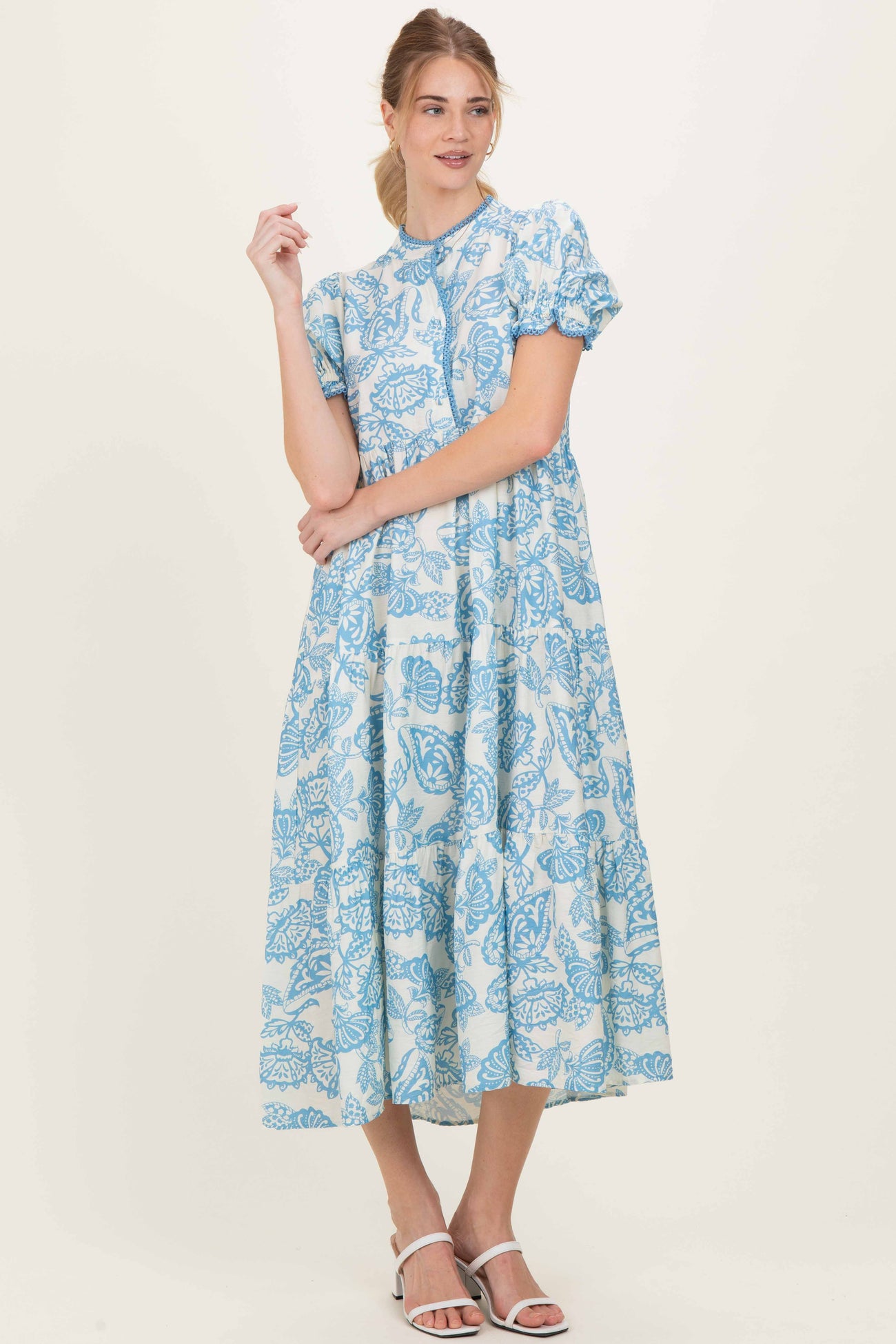 Light Blue Paisley Print Tiered Maternity Midi Dress
