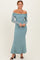 Blue Mesh Overlay Off Shoulder Long Sleeve Midi Dress