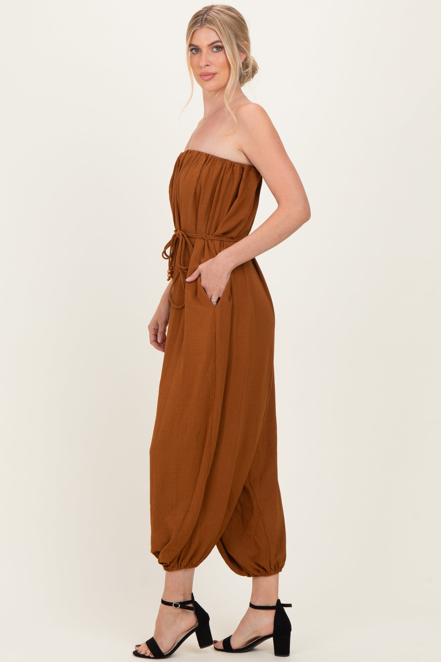 Sepia Strapless Waist Tie Jumpsuit