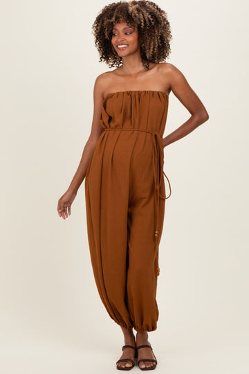 Sepia Strapless Waist Tie Maternity Jumpsuit