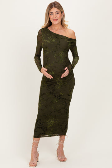 Olive Floral Mesh Overlay One Shoulder Maternity Dress