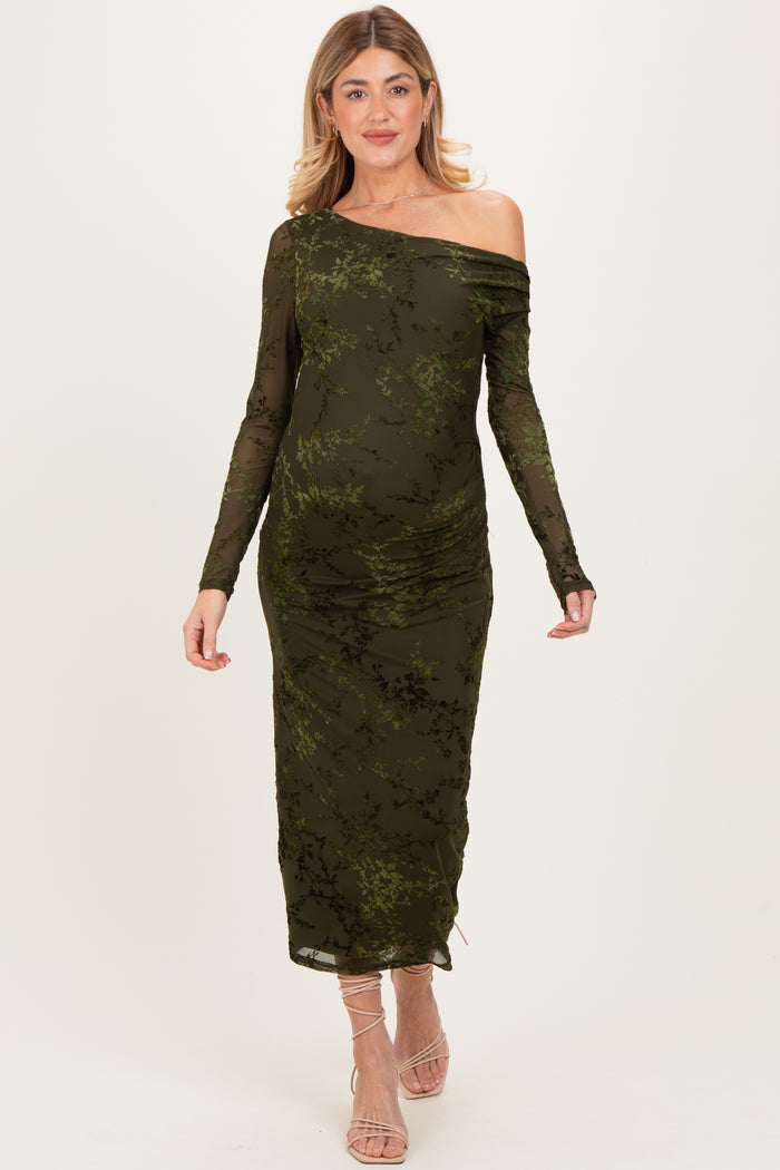 Olive Floral Mesh Overlay One Shoulder Maternity Dress