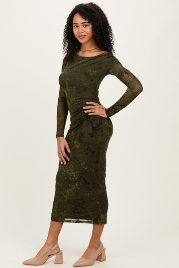 Olive Floral Mesh Overlay One Shoulder Dress