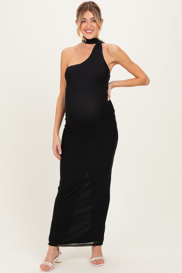 Black Mesh Overlay Halter Maternity Maxi Dress