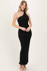 Black Mesh Overlay Halter Maxi Dress