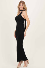Black Mesh Overlay Halter Maxi Dress