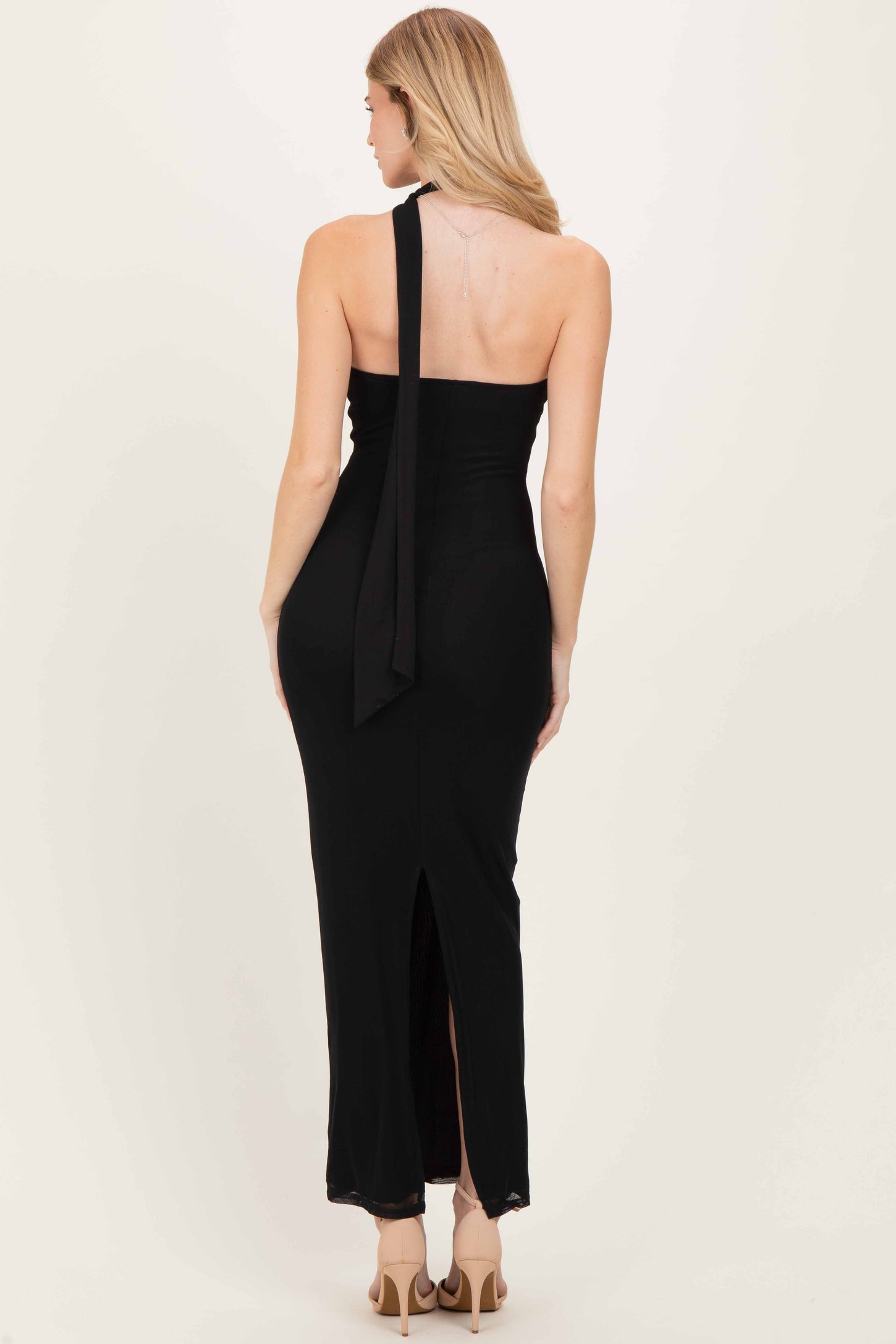 Black Mesh Overlay Halter Maxi Dress