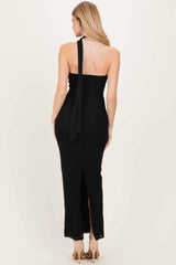 Black Mesh Overlay Halter Maxi Dress