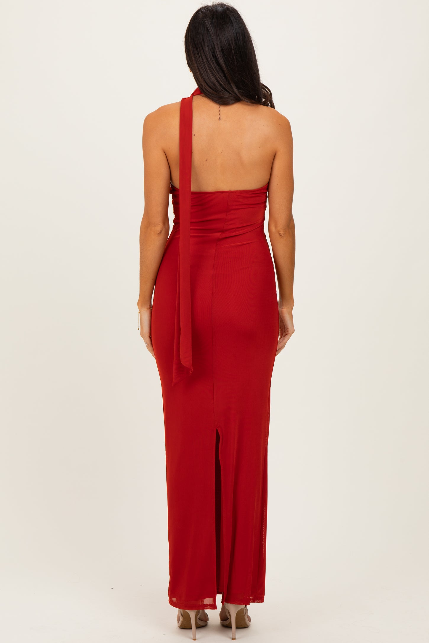 Brick Mesh Overlay Halter Maxi Dress