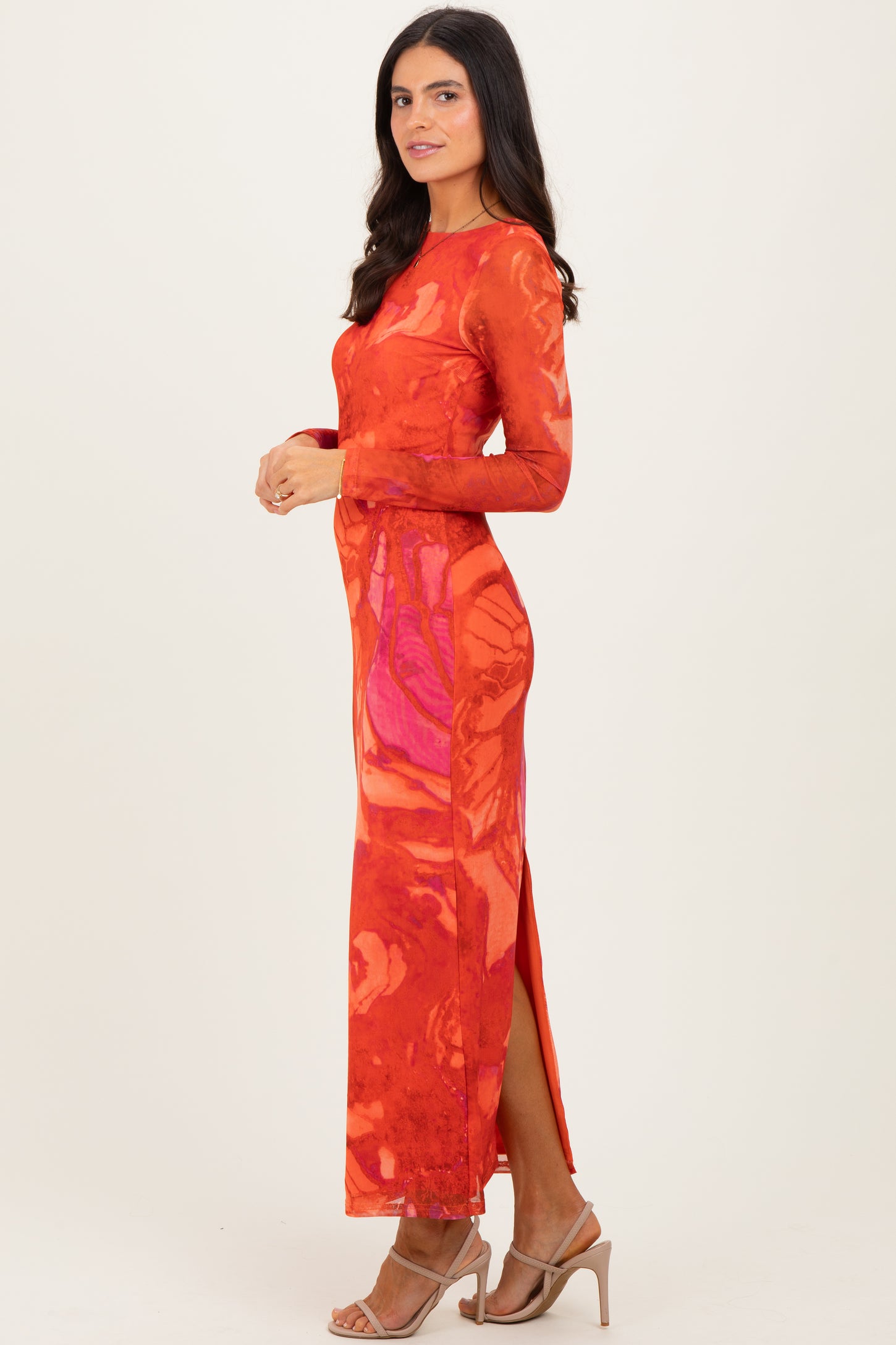 Coral Printed Mesh Open Back Maxi Dress