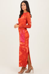 Coral Printed Mesh Open Back Maxi Dress