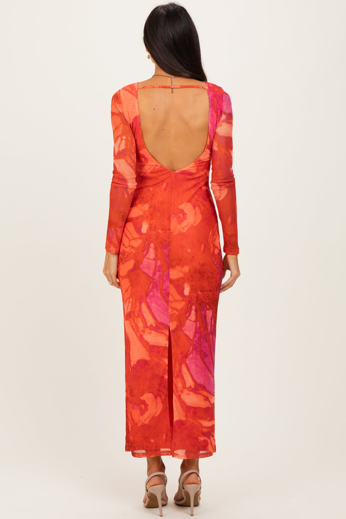 Coral Printed Mesh Open Back Maxi Dress