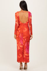 Coral Printed Mesh Open Back Maxi Dress