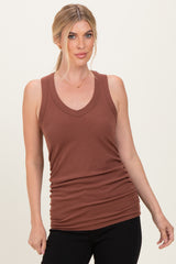 Brown Ribbed Sleeveless Ruched Tank Top