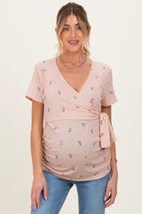 Taupe Floral Wrap Fitted Maternity/Nursing Top