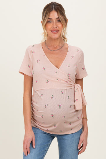 Taupe Floral Wrap Fitted Maternity/Nursing Top