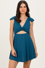 Deep Teal Ribbed Ruffle Twist Front Swim Dress