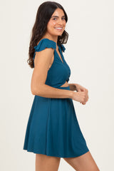 Deep Teal Ribbed Ruffle Twist Front Swim Dress