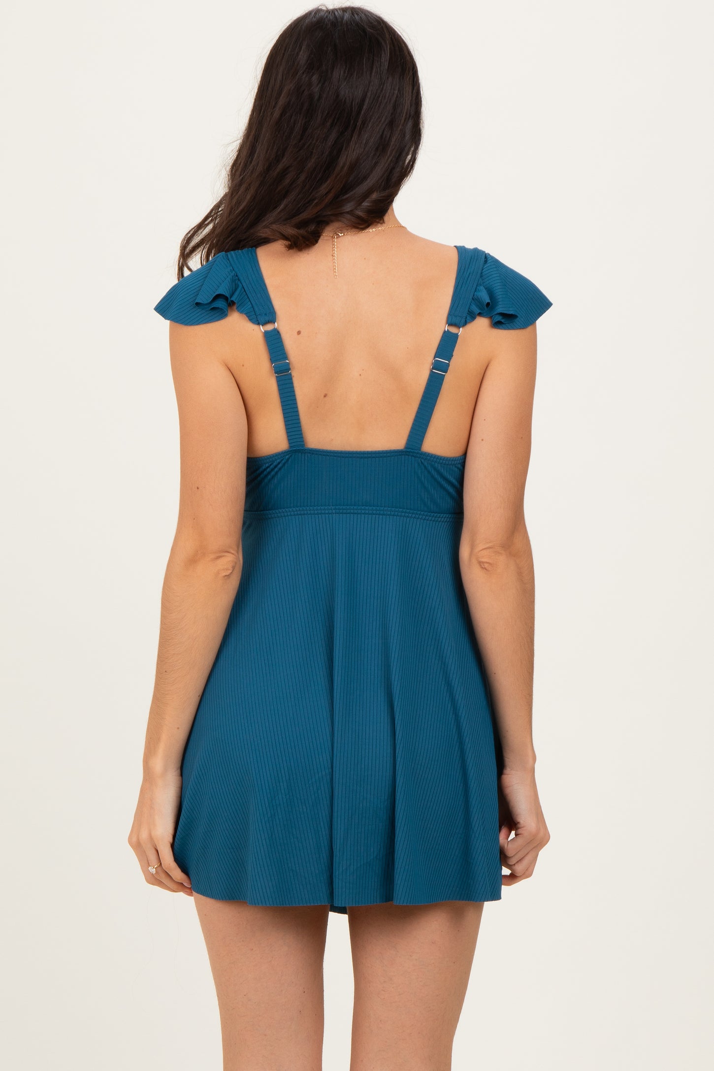 Deep Teal Ribbed Ruffle Twist Front Swim Dress