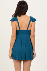 Deep Teal Ribbed Ruffle Twist Front Swim Dress