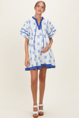 White/ Blue Floral Short Puff Sleeve Front Tie Maternity Dress