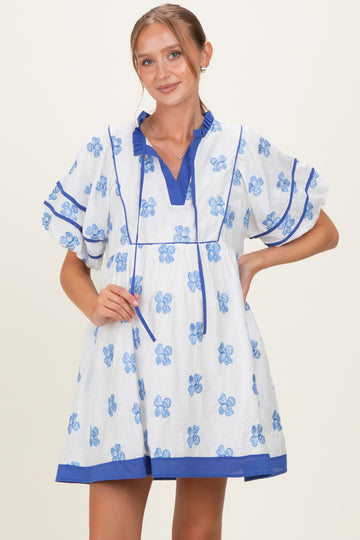 White/ Blue Floral Short Puff Sleeve Front Tie Maternity Dress