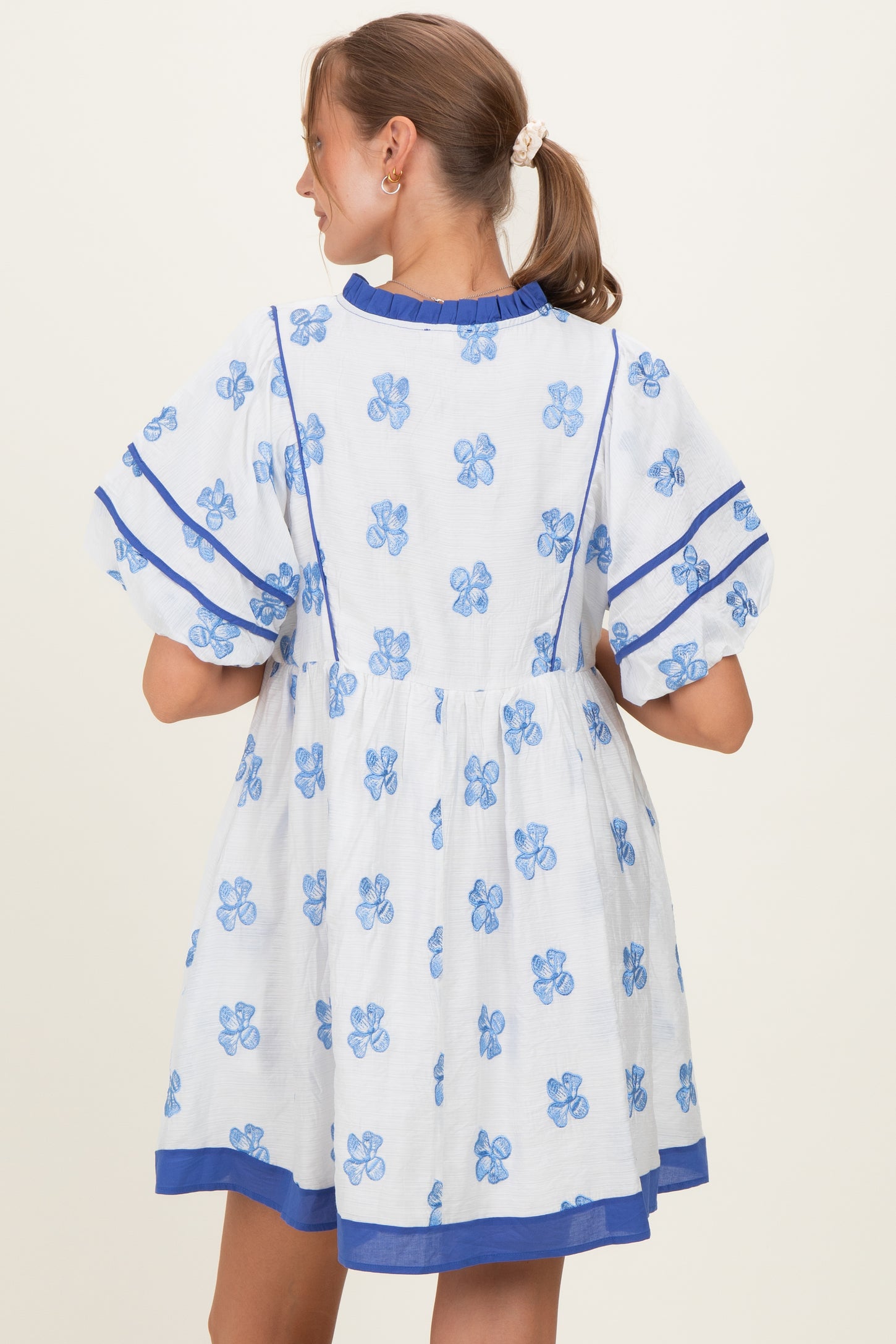 White/ Blue Floral Short Puff Sleeve Front Tie Maternity Dress