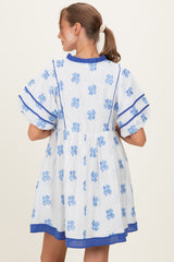 White/ Blue Floral Short Puff Sleeve Front Tie Maternity Dress