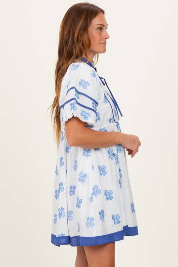 White/ Blue Floral Short Puff Sleeve Front Tie Dress