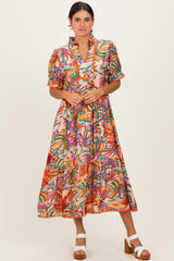 Pink Mix Leaf Print Pocketed Midi Dress