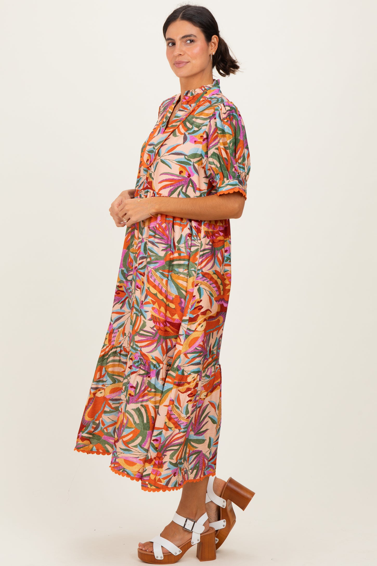 Pink Mix Leaf Print Pocketed Midi Dress