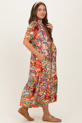 Pink Mix Leaf Print Pocketed Maternity Midi Dress