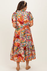Pink Mix Leaf Print Pocketed Maternity Midi Dress
